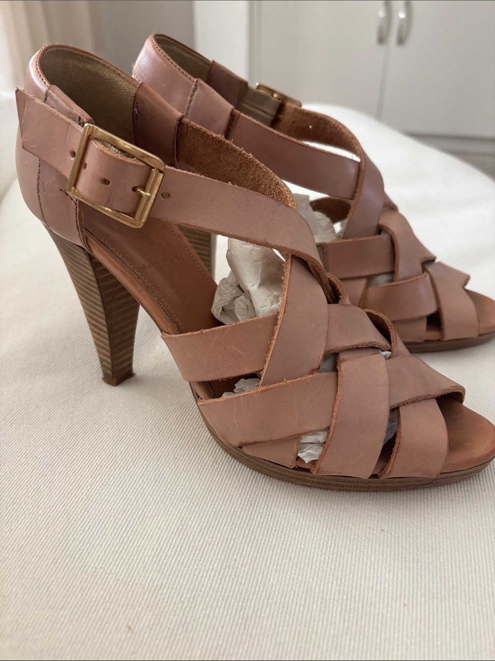 J. Crew Tan Woven Leather Strappy High Heels